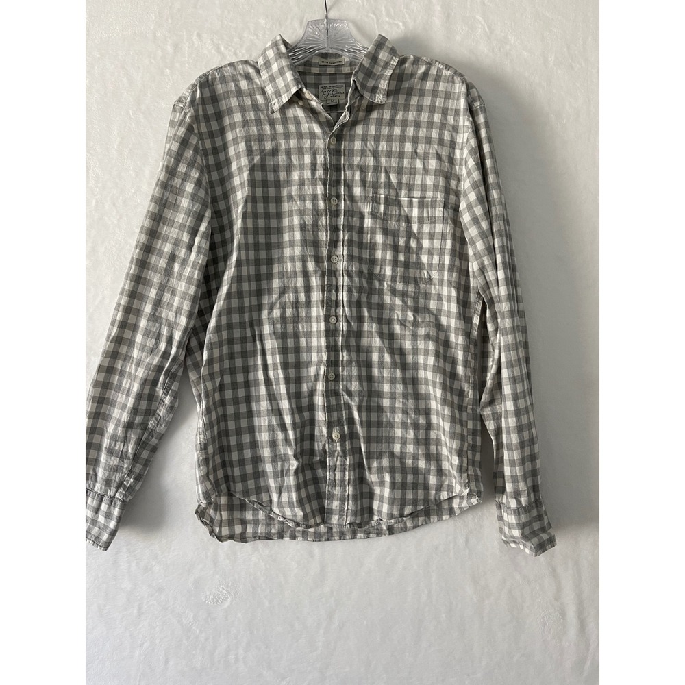 J.Crew Mens M Slim Untucked Organic Cotton Gingham Button Down Shirt Grey White